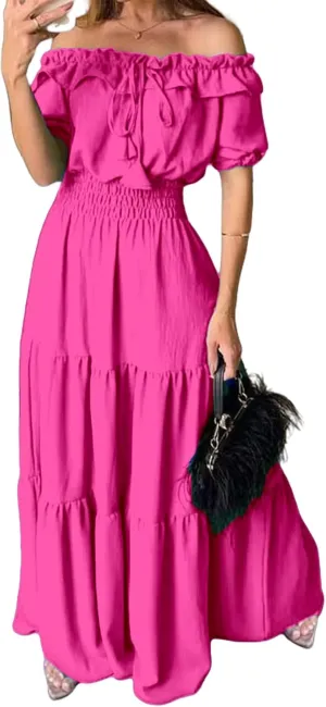 Women Summer Maxi Dress Summer Off Shoulder Ruffle Long Dress Puff Sleeve Flowy Tiered Beach Sundress