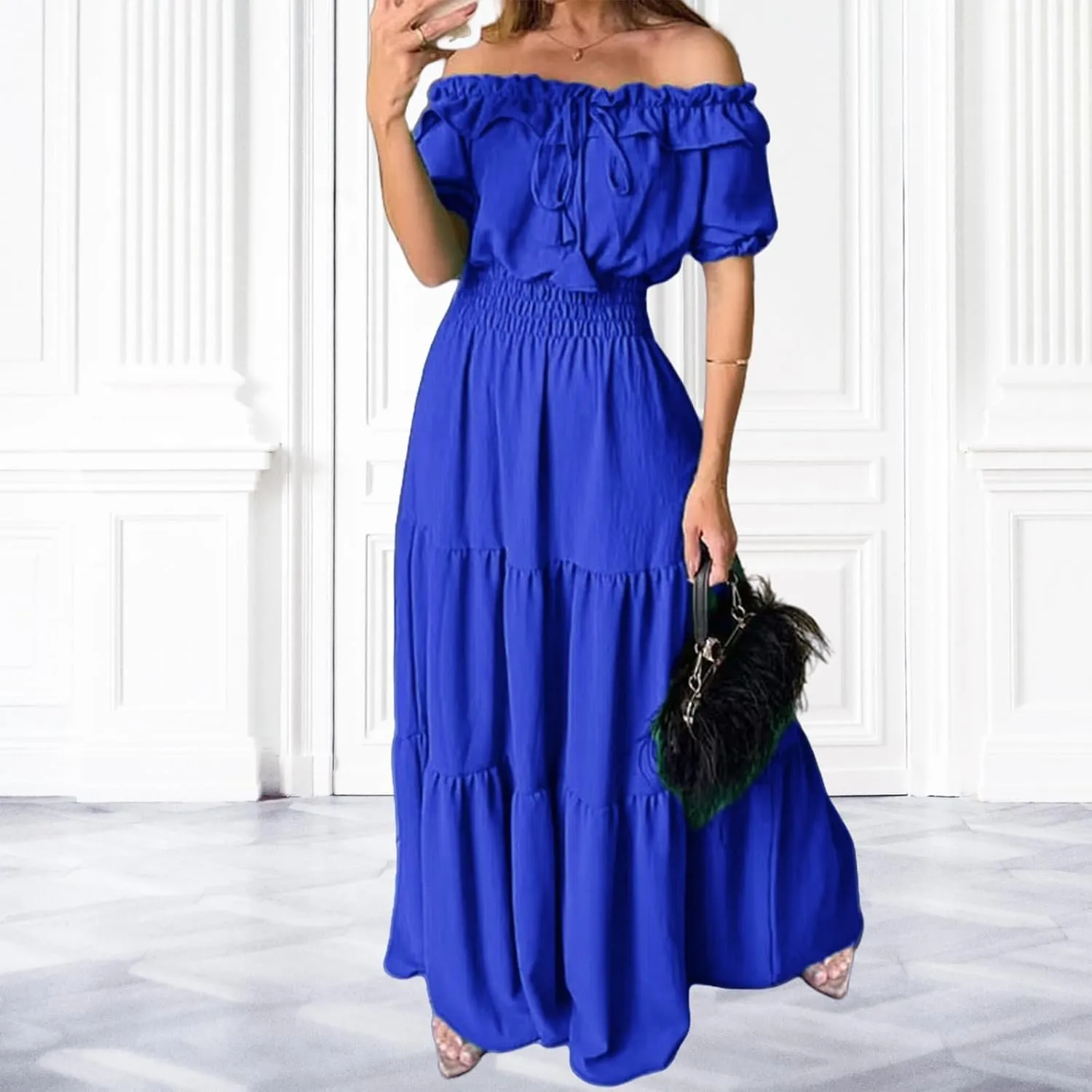 Women Summer Maxi Dress Summer Off Shoulder Ruffle Long Dress Puff Sleeve Flowy Tiered Beach Sundress
