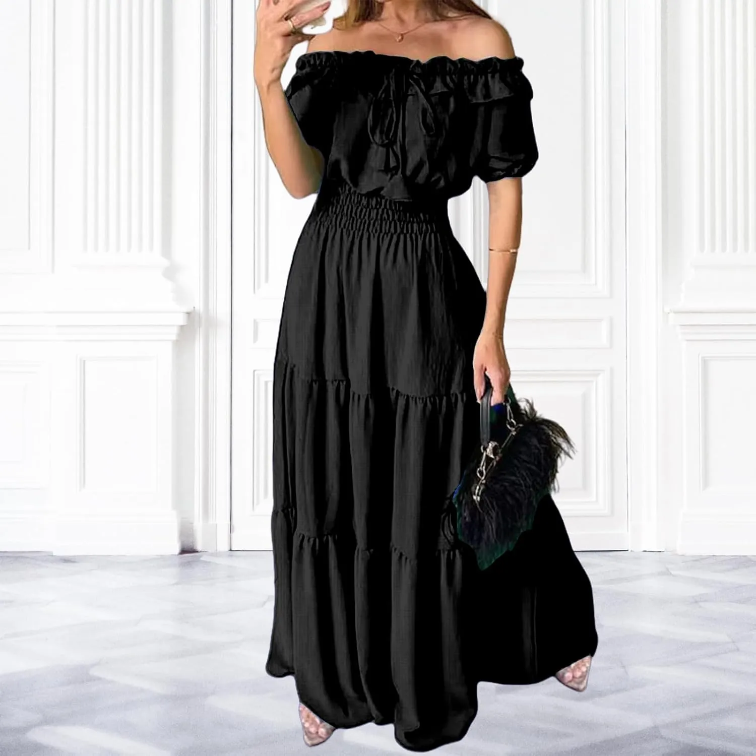 Women Summer Maxi Dress Summer Off Shoulder Ruffle Long Dress Puff Sleeve Flowy Tiered Beach Sundress