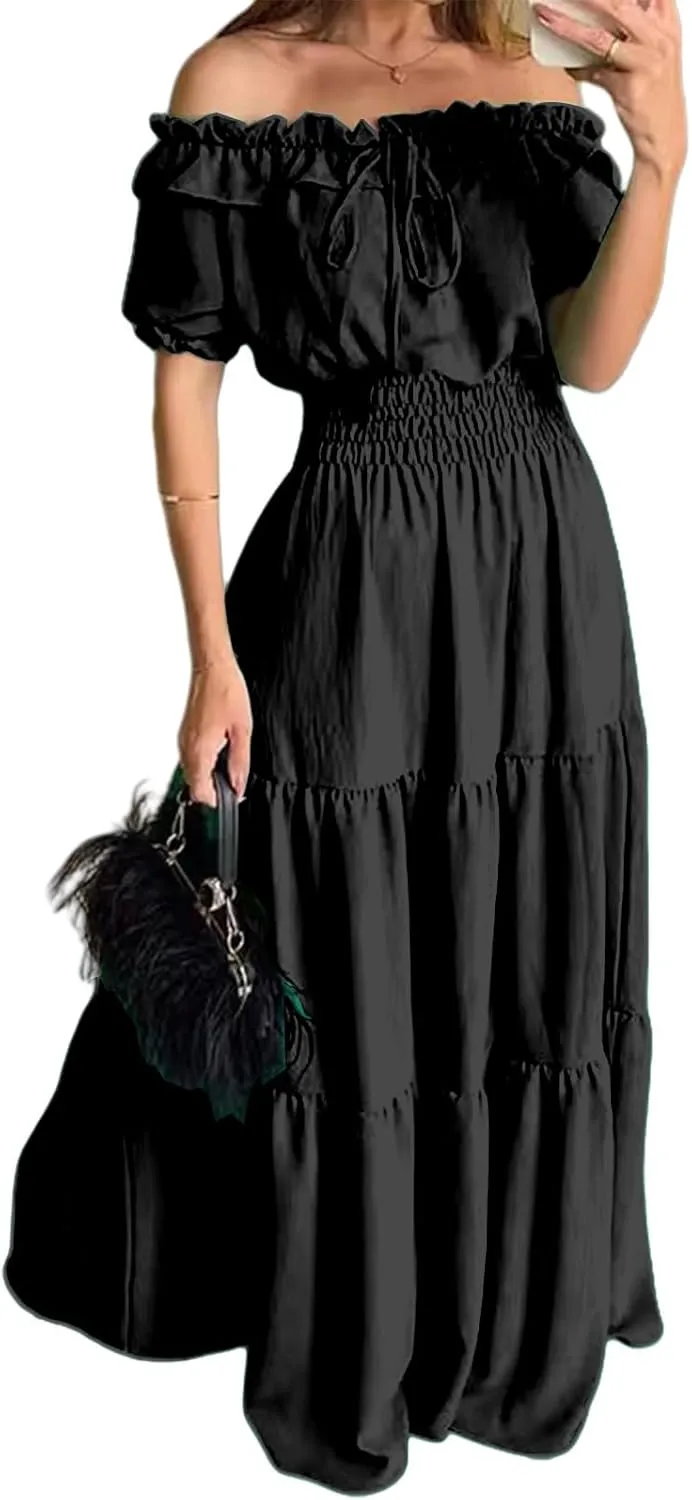 Women Summer Maxi Dress Summer Off Shoulder Ruffle Long Dress Puff Sleeve Flowy Tiered Beach Sundress