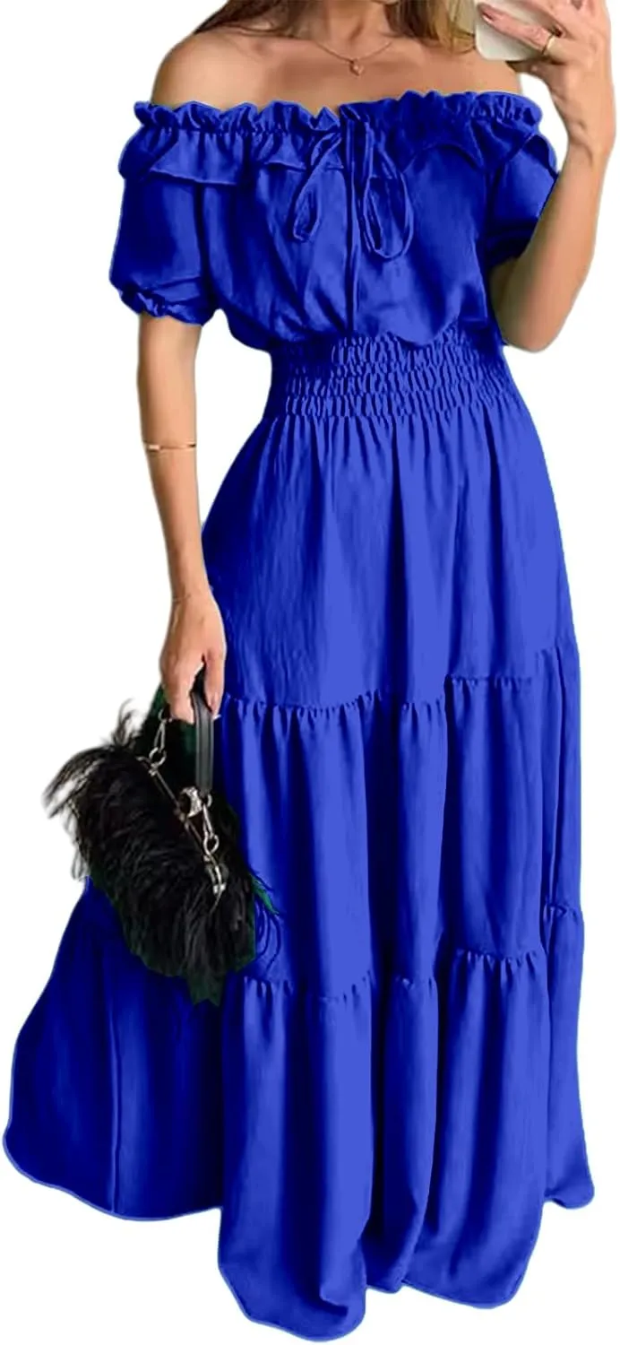 Women Summer Maxi Dress Summer Off Shoulder Ruffle Long Dress Puff Sleeve Flowy Tiered Beach Sundress