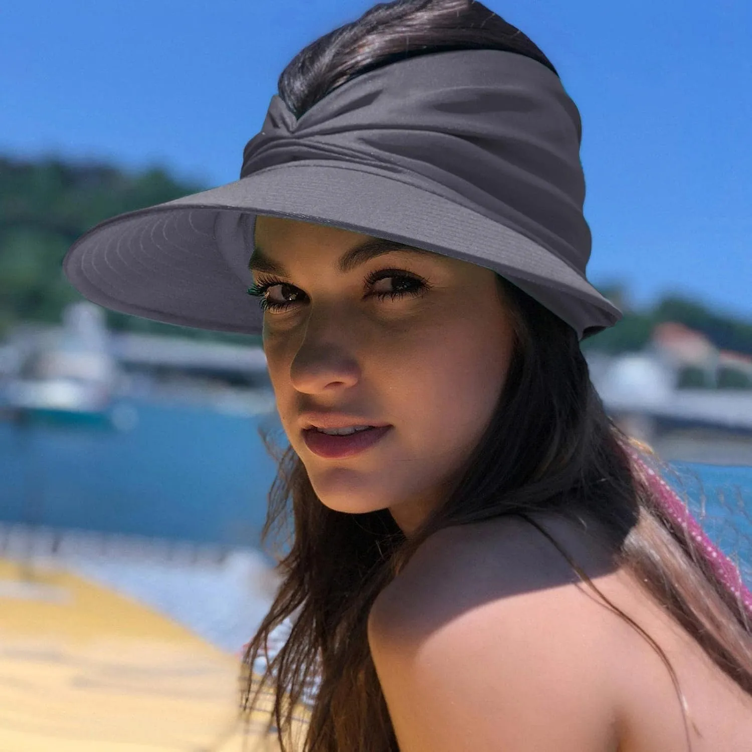 Women Wide Brim Sun Hats Ponytail Foldable Floppy Bucket Hat with Bowknot Empty Top Summer Visor Beach Holiday Hat