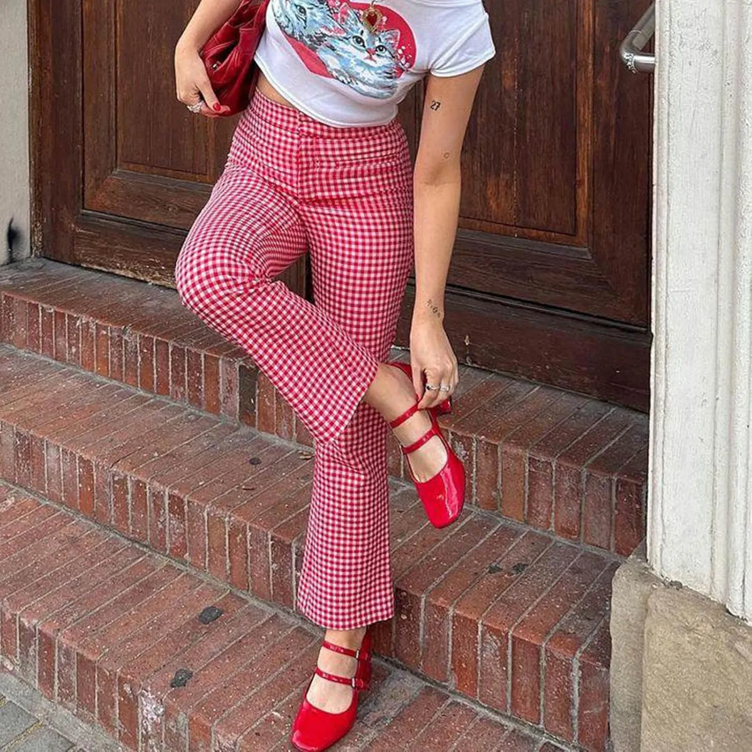 Women Y2k Plaid Pants Casual Slim Fit Flare Pants Ruffle Hem Straight Leg Leggings Going Out Pants Vintage Trousers