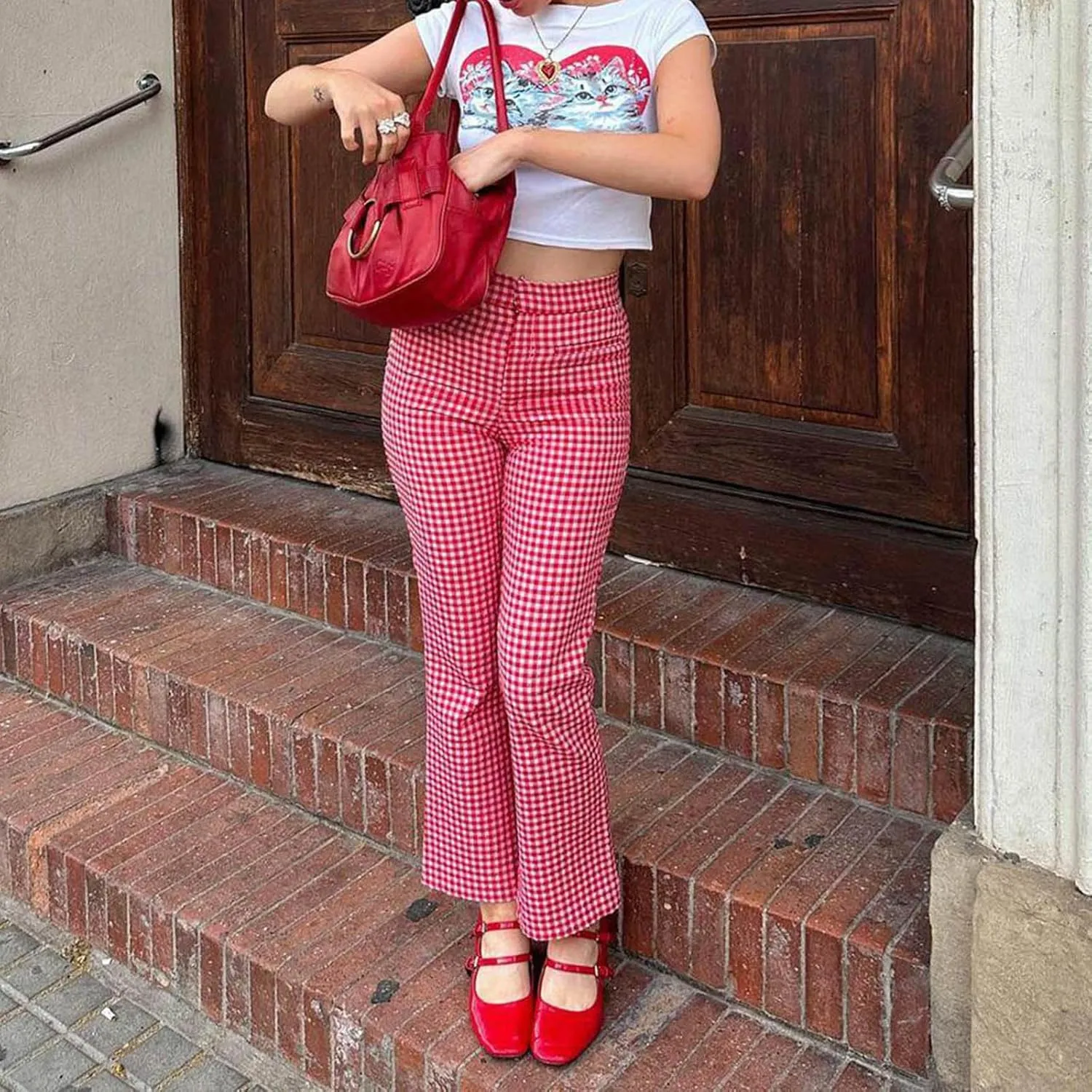 Women Y2k Plaid Pants Casual Slim Fit Flare Pants Ruffle Hem Straight Leg Leggings Going Out Pants Vintage Trousers