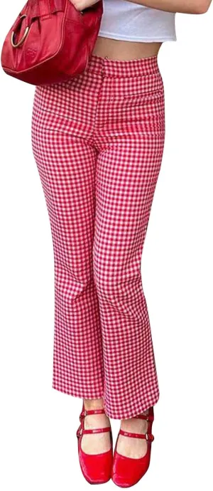 Women Y2k Plaid Pants Casual Slim Fit Flare Pants Ruffle Hem Straight Leg Leggings Going Out Pants Vintage Trousers