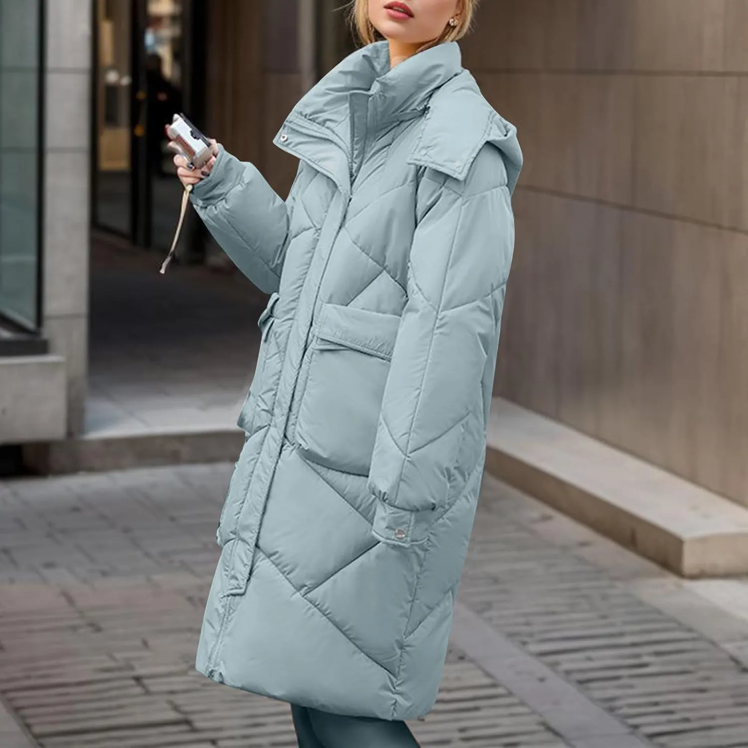 Women's 2024 Long Puffer Jacket Thickened Winter Coat Drawstring Hooded Zip Puffer Jacket Quilted Baggy Down Parka