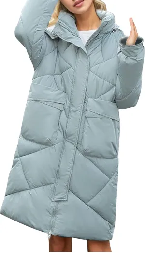 Women's 2024 Long Puffer Jacket Thickened Winter Coat Drawstring Hooded Zip Puffer Jacket Quilted Baggy Down Parka