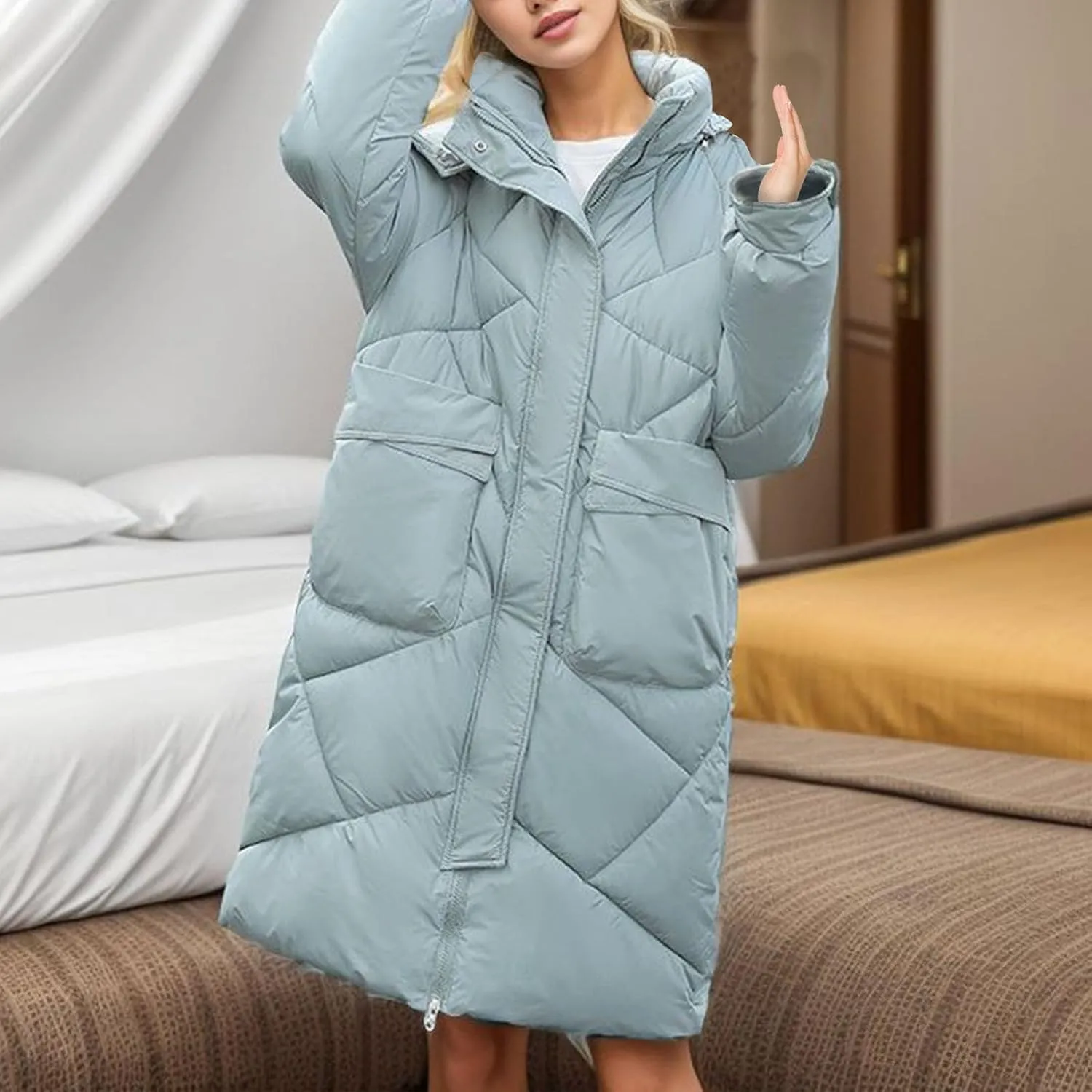 Women's 2024 Long Puffer Jacket Thickened Winter Coat Drawstring Hooded Zip Puffer Jacket Quilted Baggy Down Parka