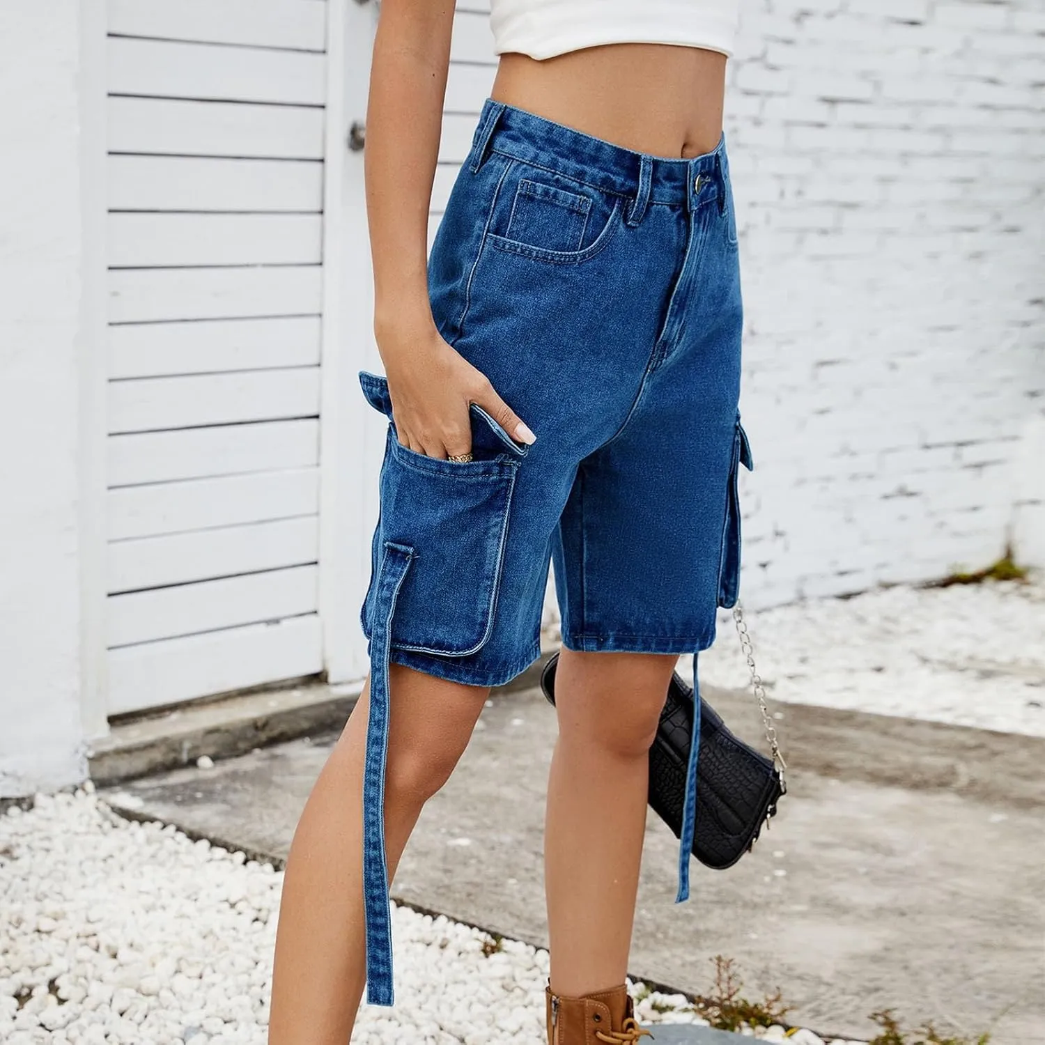 Womens 2025 Trendy High Waisted Denim Shorts Baggy Trendy Casual Y2k Streetwear Cargo Denim Bermuda Shorts Pockets