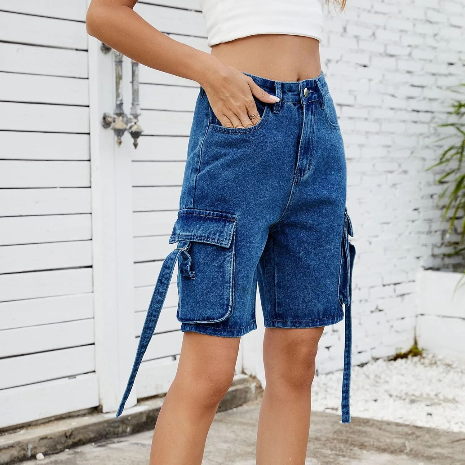 Womens 2025 Trendy High Waisted Denim Shorts Baggy Trendy Casual Y2k Streetwear Cargo Denim Bermuda Shorts Pockets