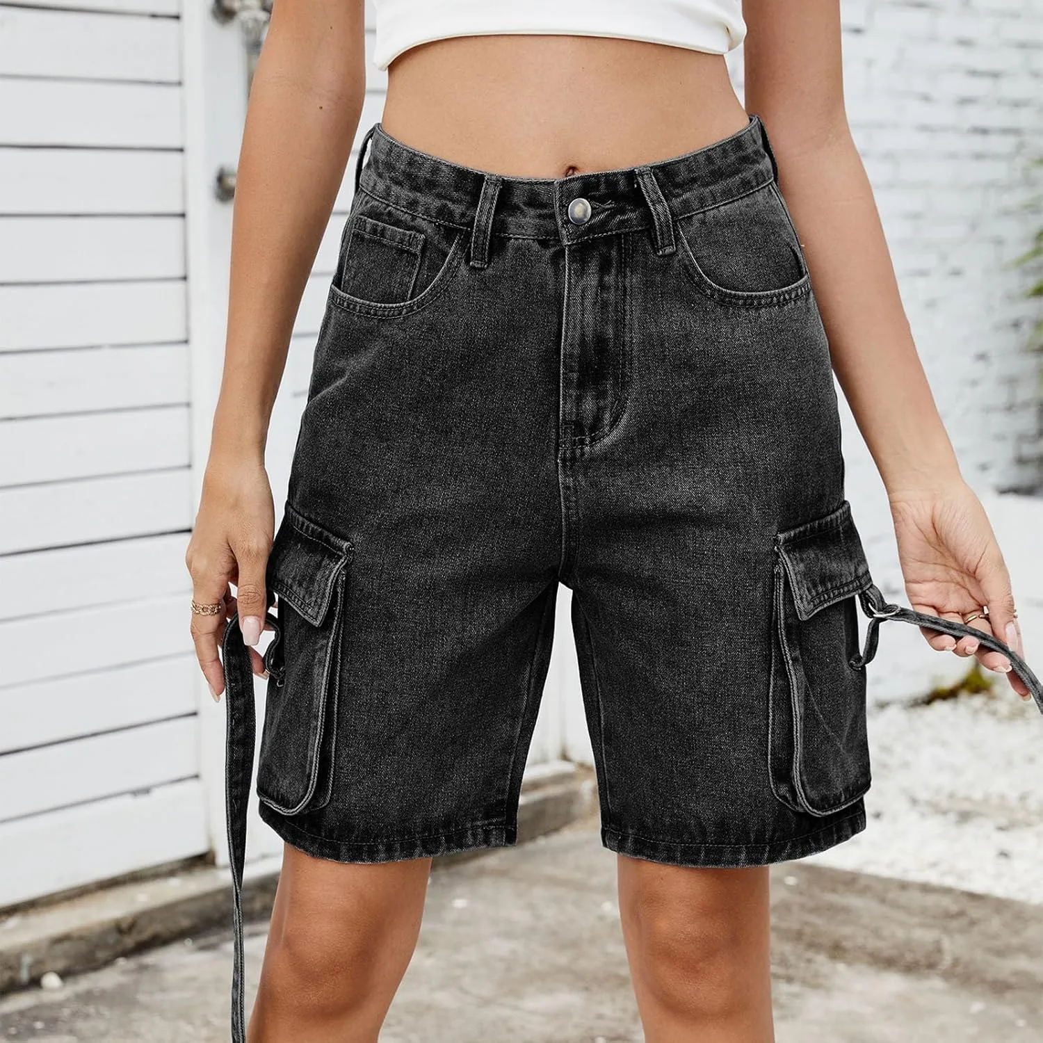 Womens 2025 Trendy High Waisted Denim Shorts Baggy Trendy Casual Y2k Streetwear Cargo Denim Bermuda Shorts Pockets