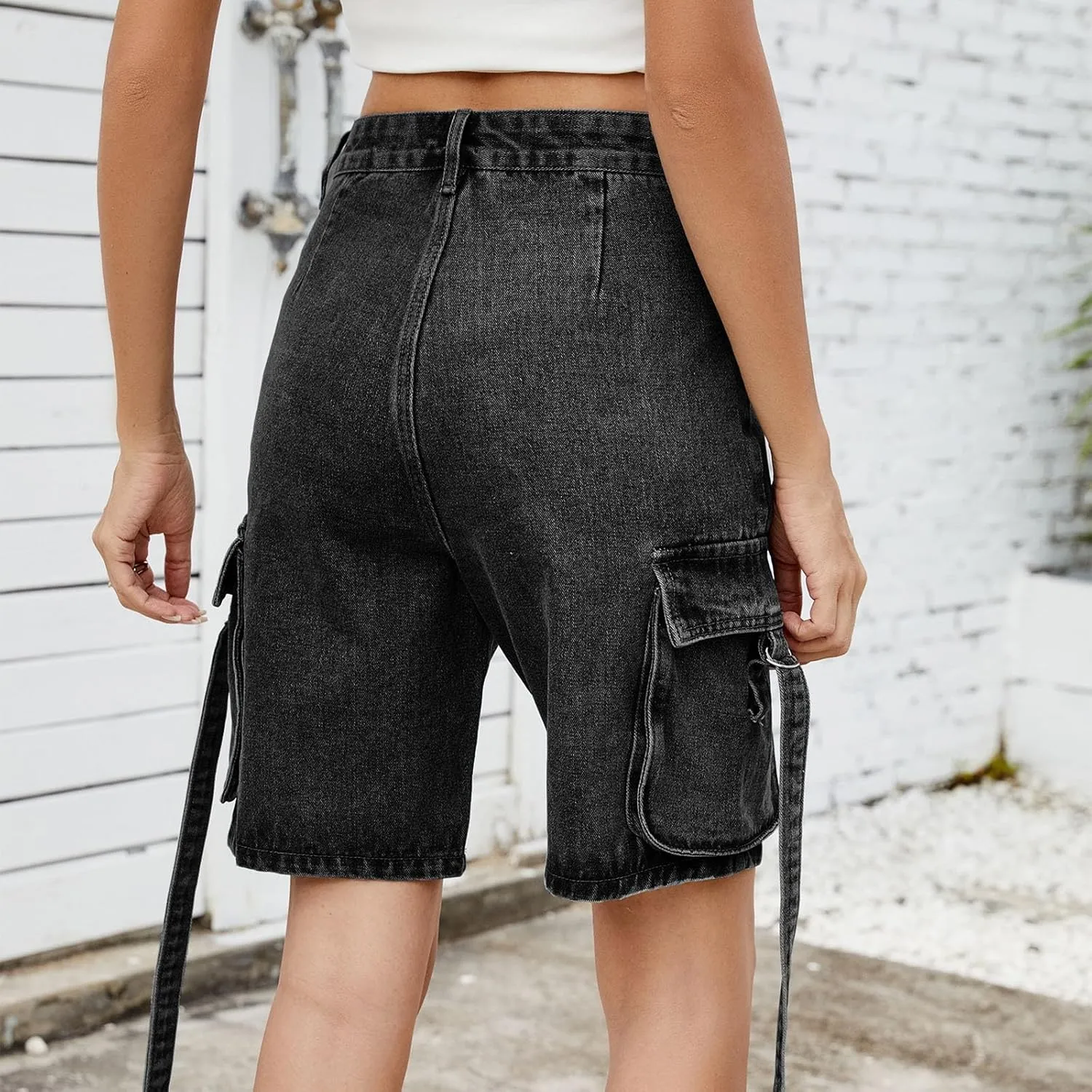 Womens 2025 Trendy High Waisted Denim Shorts Baggy Trendy Casual Y2k Streetwear Cargo Denim Bermuda Shorts Pockets
