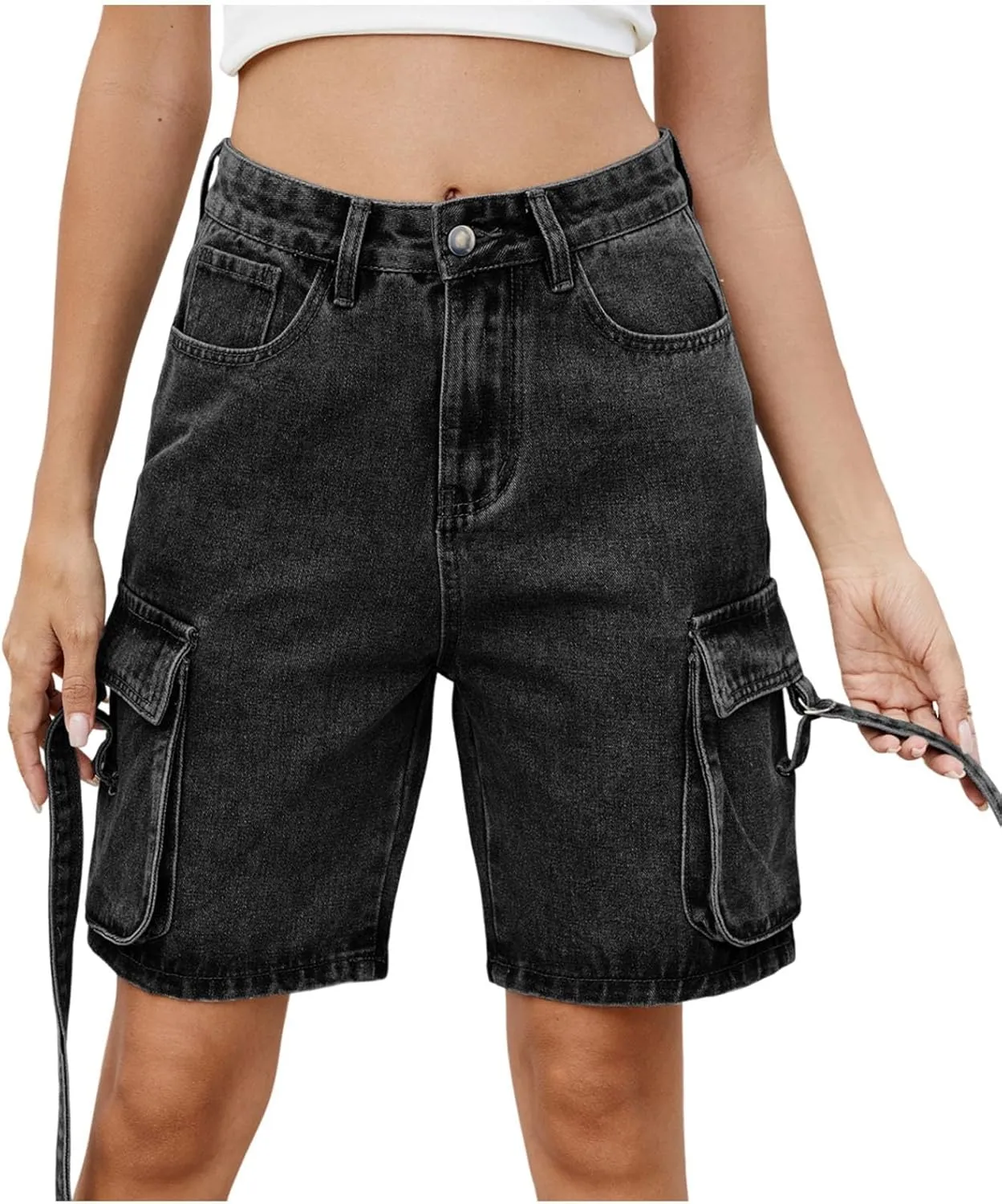 Womens 2025 Trendy High Waisted Denim Shorts Baggy Trendy Casual Y2k Streetwear Cargo Denim Bermuda Shorts Pockets