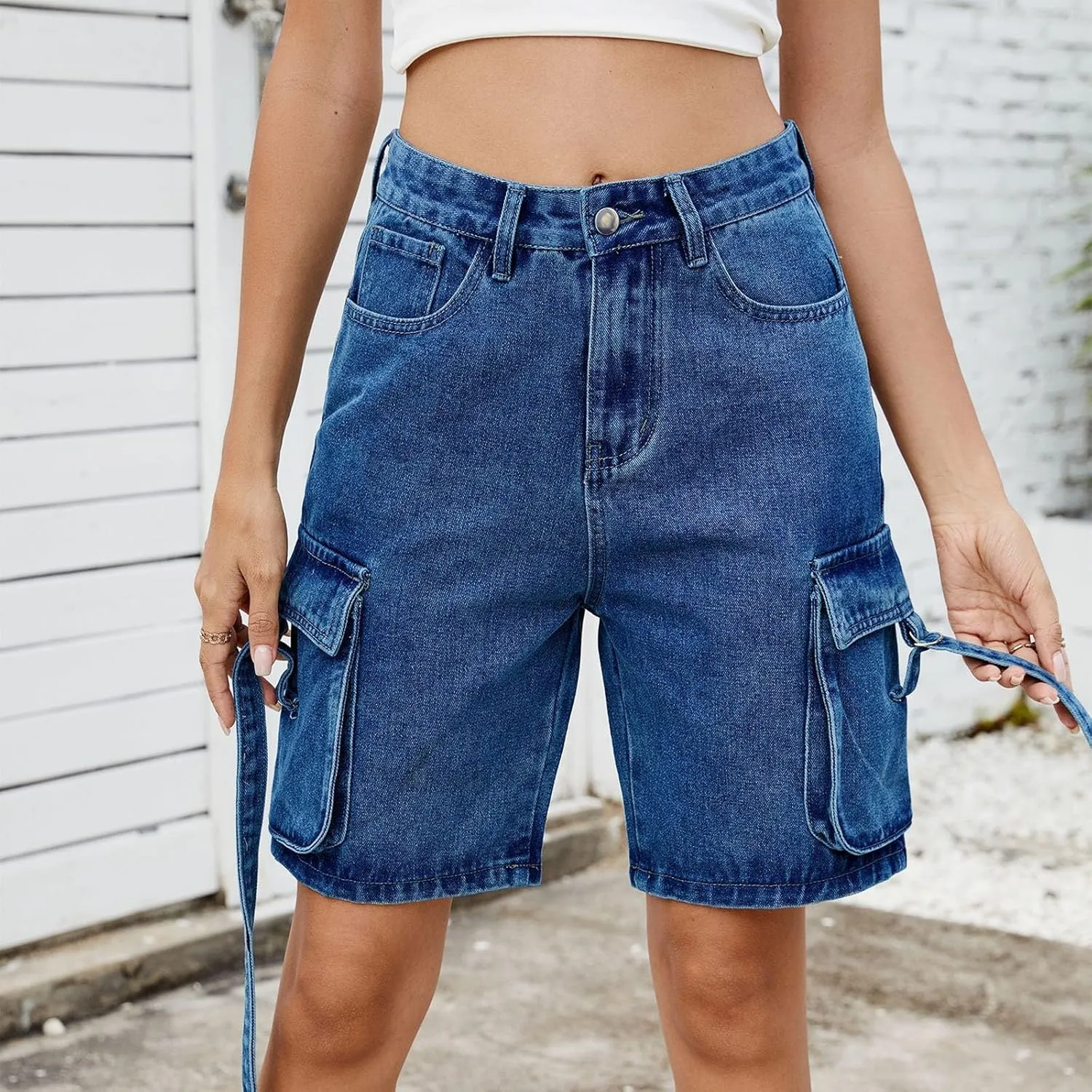 Womens 2025 Trendy High Waisted Denim Shorts Baggy Trendy Casual Y2k Streetwear Cargo Denim Bermuda Shorts Pockets