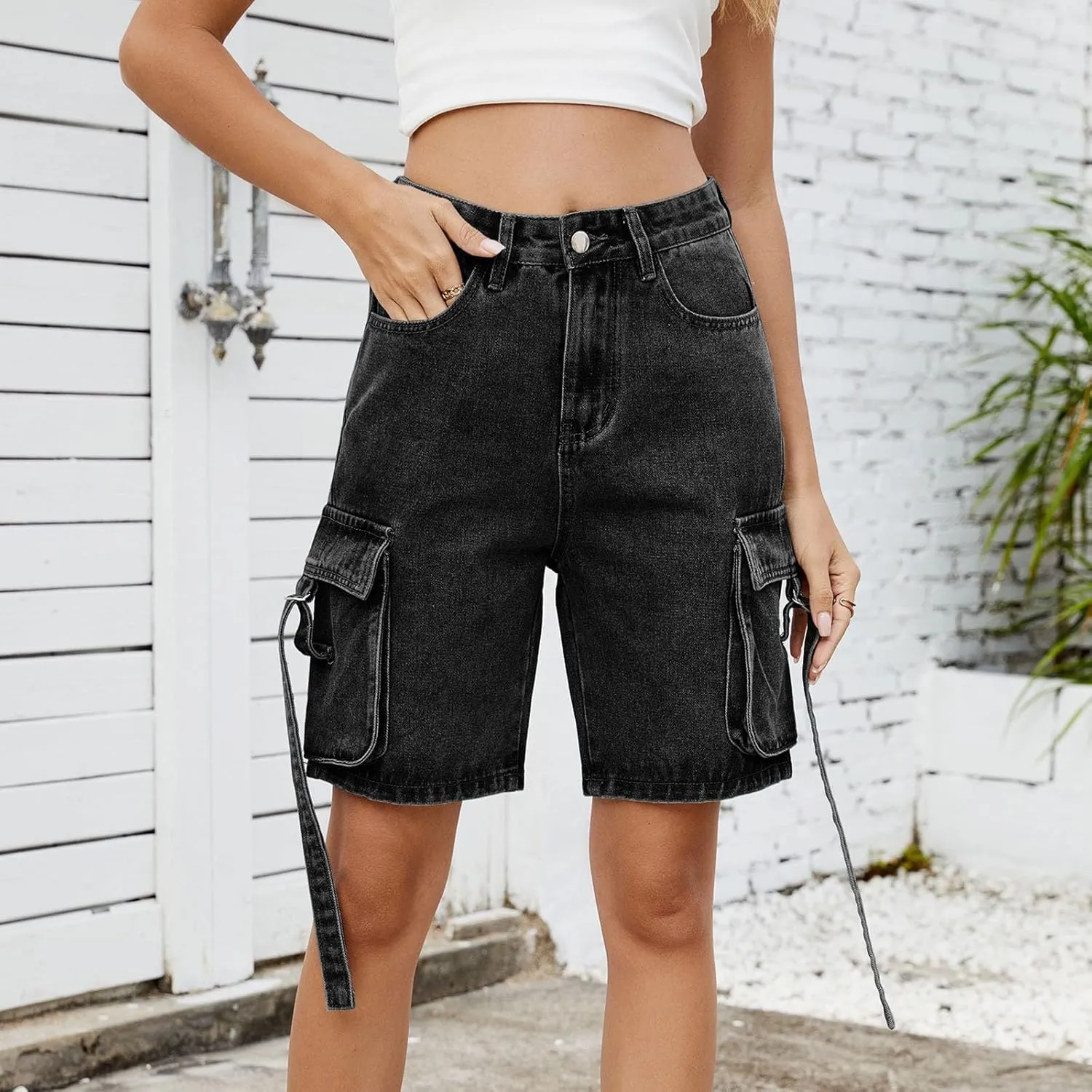 Womens 2025 Trendy High Waisted Denim Shorts Baggy Trendy Casual Y2k Streetwear Cargo Denim Bermuda Shorts Pockets
