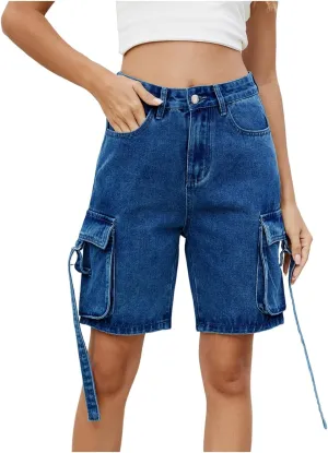 Womens 2025 Trendy High Waisted Denim Shorts Baggy Trendy Casual Y2k Streetwear Cargo Denim Bermuda Shorts Pockets