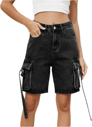Womens 2025 Trendy High Waisted Denim Shorts Baggy Trendy Casual Y2k Streetwear Cargo Denim Bermuda Shorts Pockets