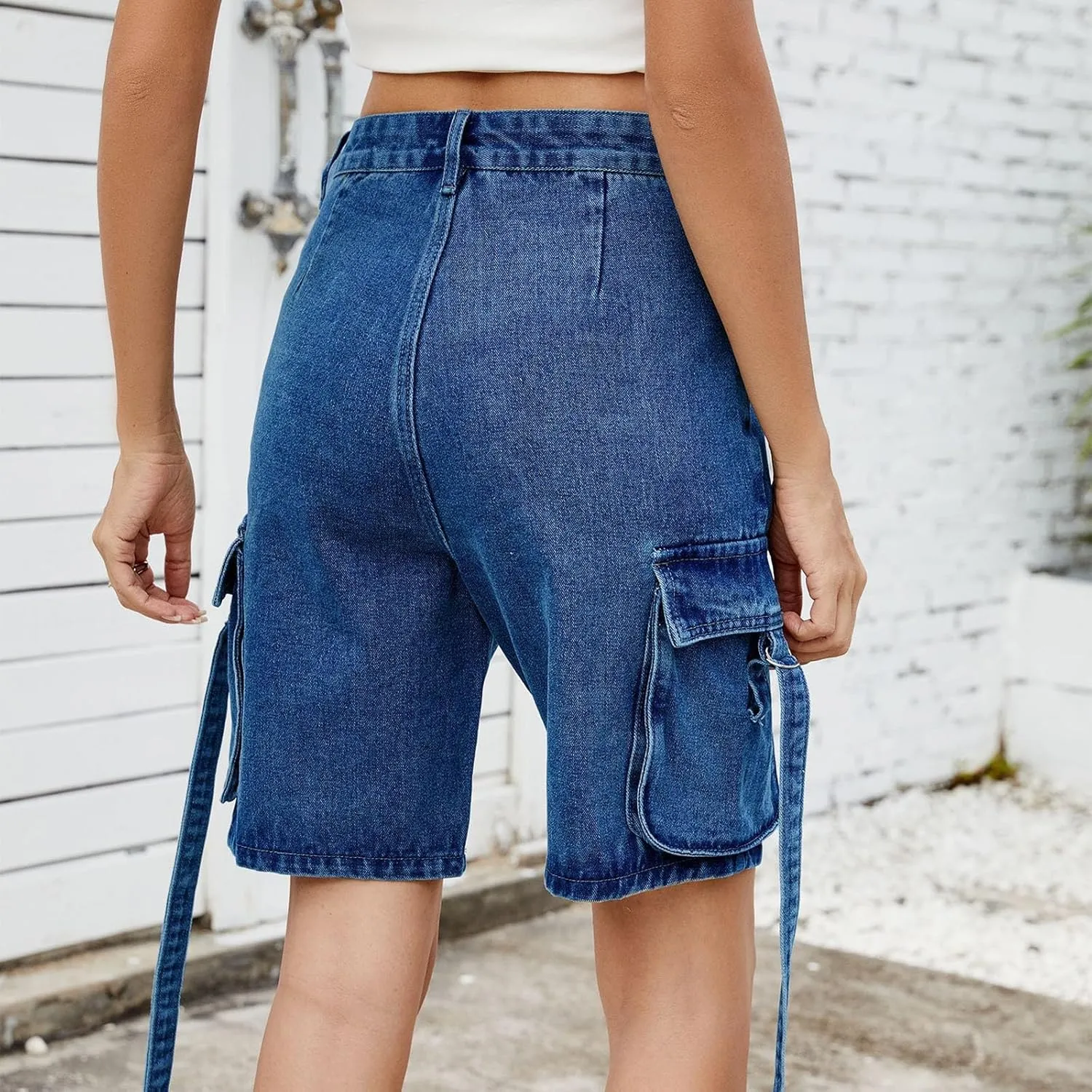 Womens 2025 Trendy High Waisted Denim Shorts Baggy Trendy Casual Y2k Streetwear Cargo Denim Bermuda Shorts Pockets