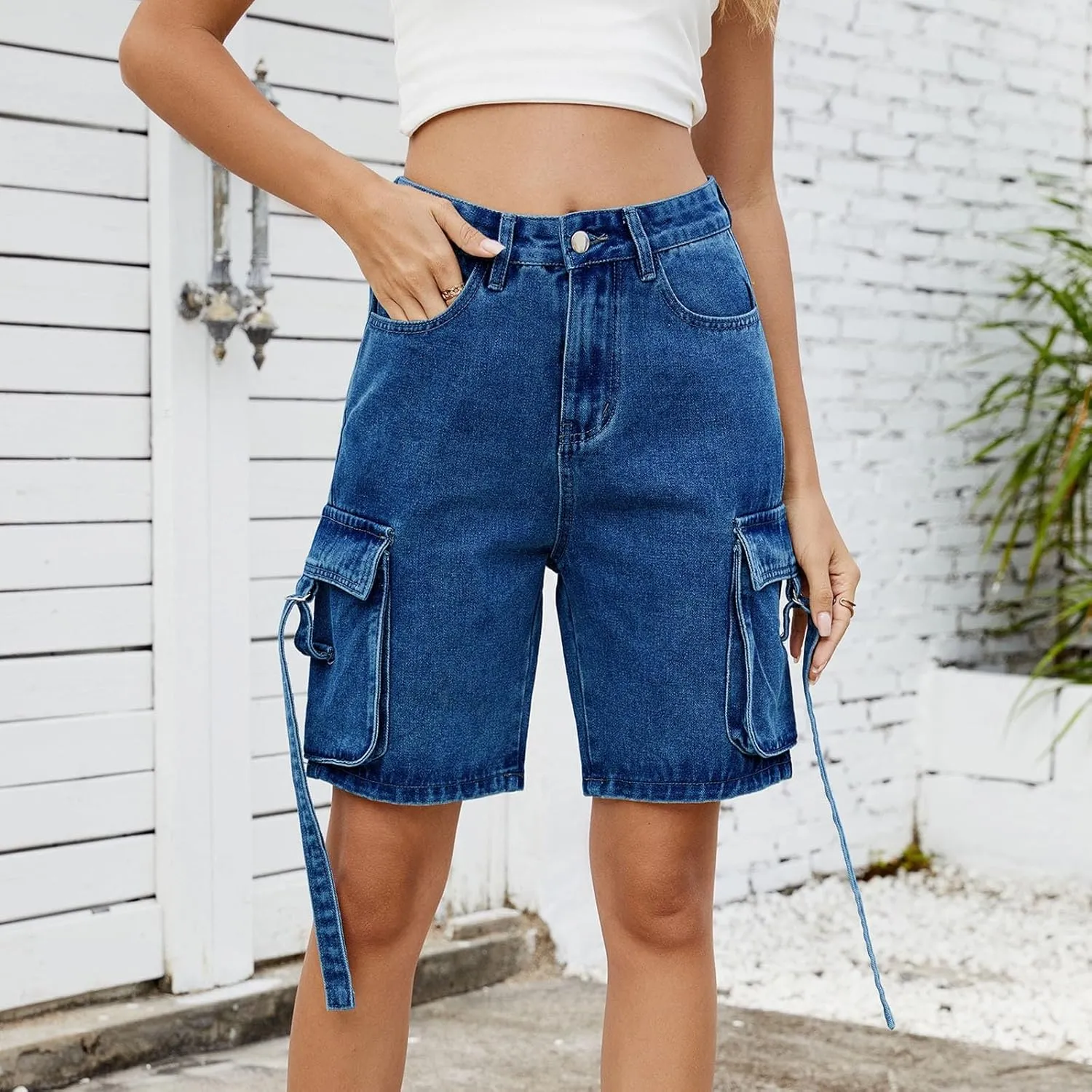 Womens 2025 Trendy High Waisted Denim Shorts Baggy Trendy Casual Y2k Streetwear Cargo Denim Bermuda Shorts Pockets