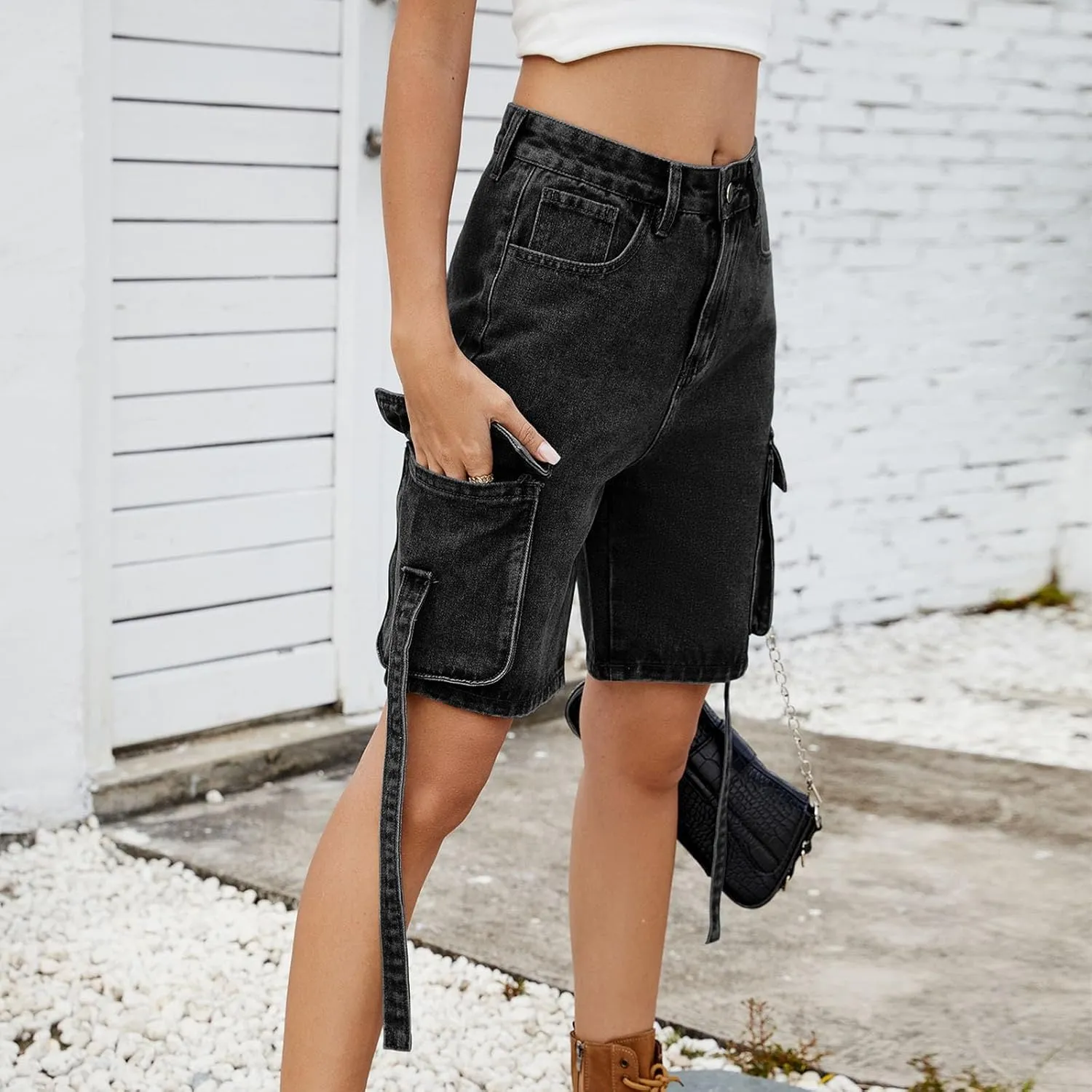 Womens 2025 Trendy High Waisted Denim Shorts Baggy Trendy Casual Y2k Streetwear Cargo Denim Bermuda Shorts Pockets