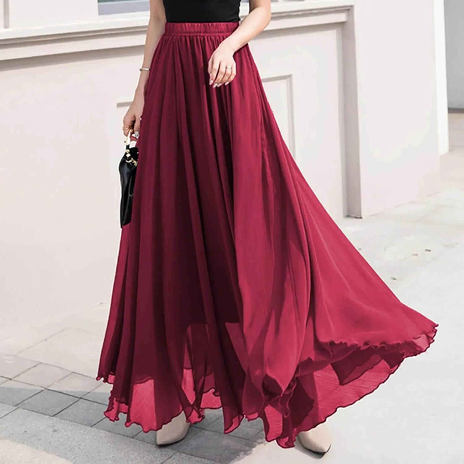 Womens A-Line Maxi Skirts Ruffle Elastic Waist Pleated Long Skirt Summer Beach Vacation Casual Loose Clothes 2025