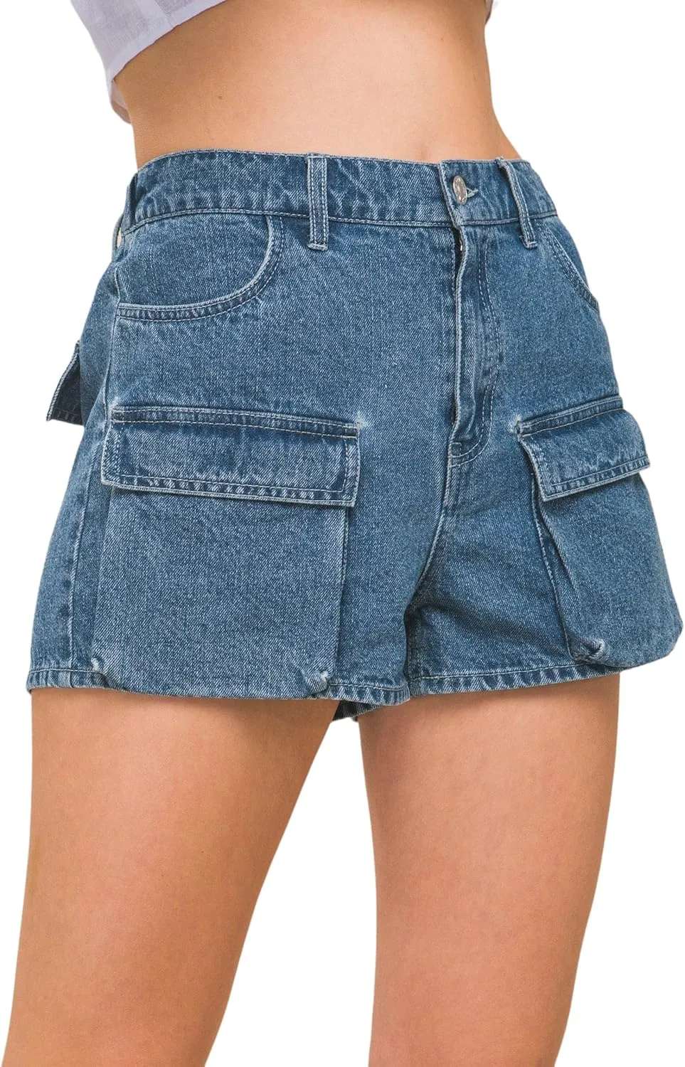 Women's & Juniors High Waisted Denim Shorts with Cargo Pockets, Denim Blue and Orange