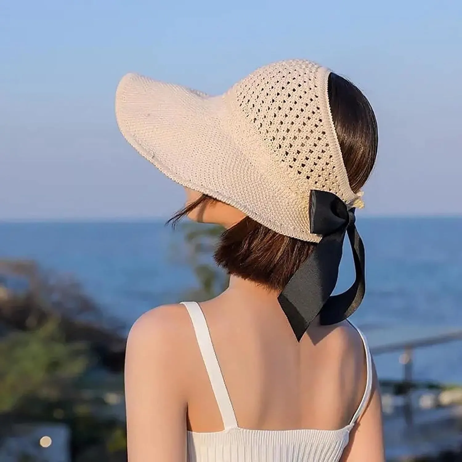 Womens Beach Straw Sun Visor Hat Ponytail Hole Wide Brim Summer Cap Packable for Travel UPF 50 