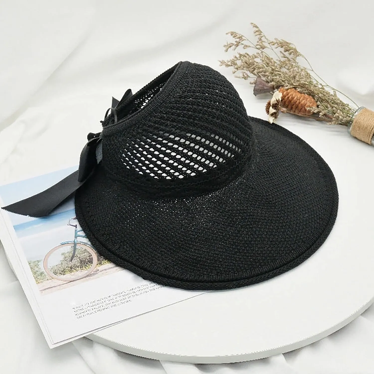 Womens Beach Straw Sun Visor Hat Ponytail Hole Wide Brim Summer Cap Packable for Travel UPF 50 