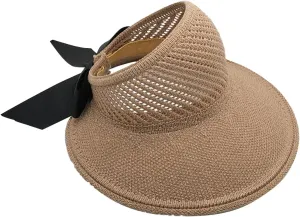 Womens Beach Straw Sun Visor Hat Ponytail Hole Wide Brim Summer Cap Packable for Travel UPF 50 