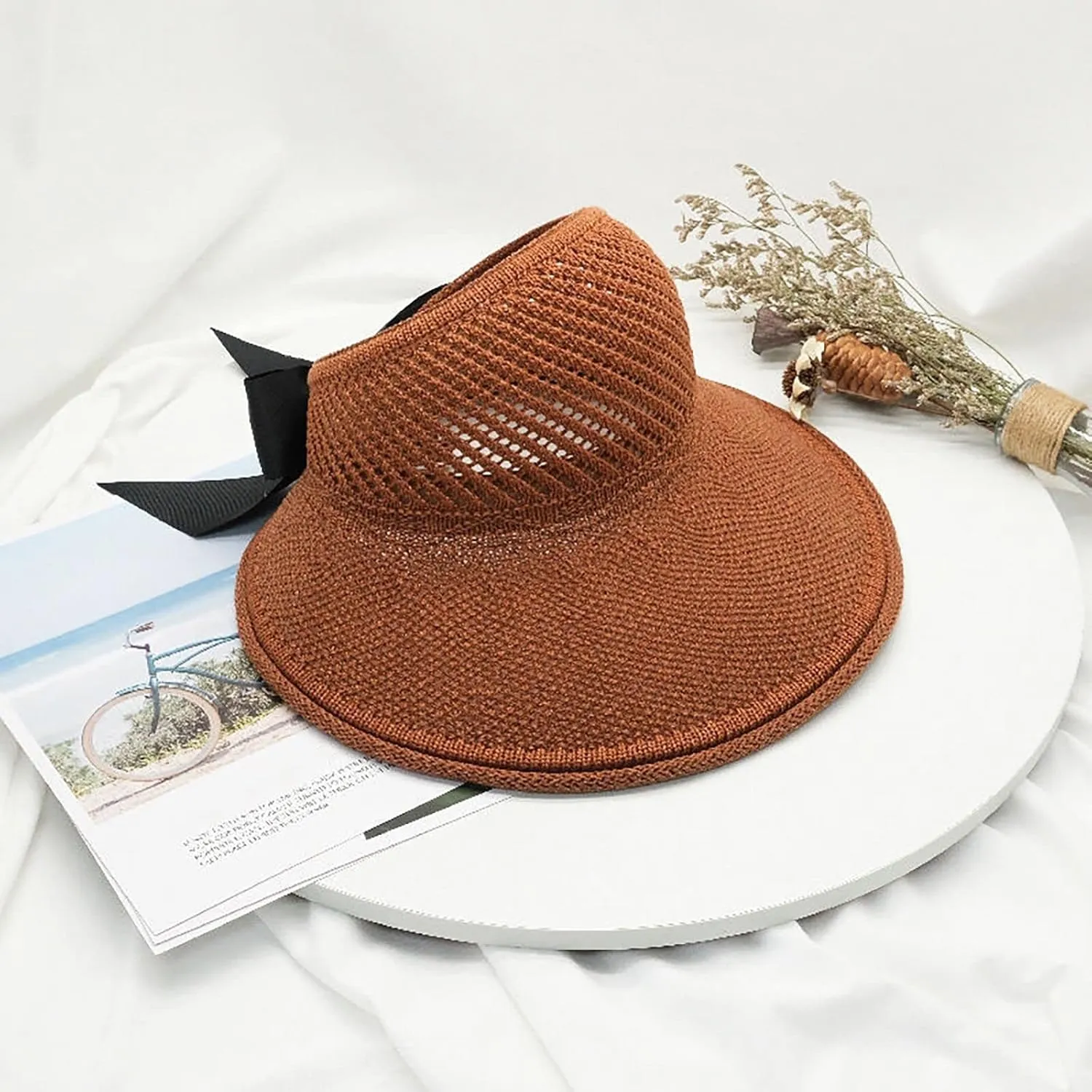 Womens Beach Straw Sun Visor Hat Ponytail Hole Wide Brim Summer Cap Packable for Travel UPF 50 