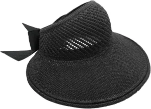Womens Beach Straw Sun Visor Hat Ponytail Hole Wide Brim Summer Cap Packable for Travel UPF 50 