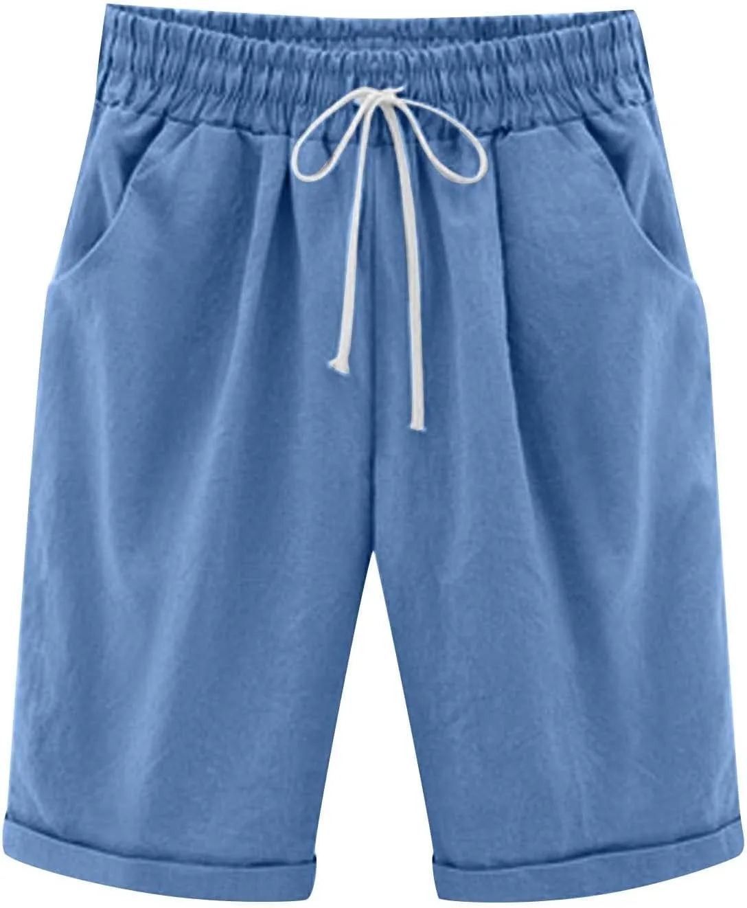 Womens Bermuda Shorts for Summer Knee Length Plus Size Shorts Elastic Waist Drawstring Linen Shorts with Pocket