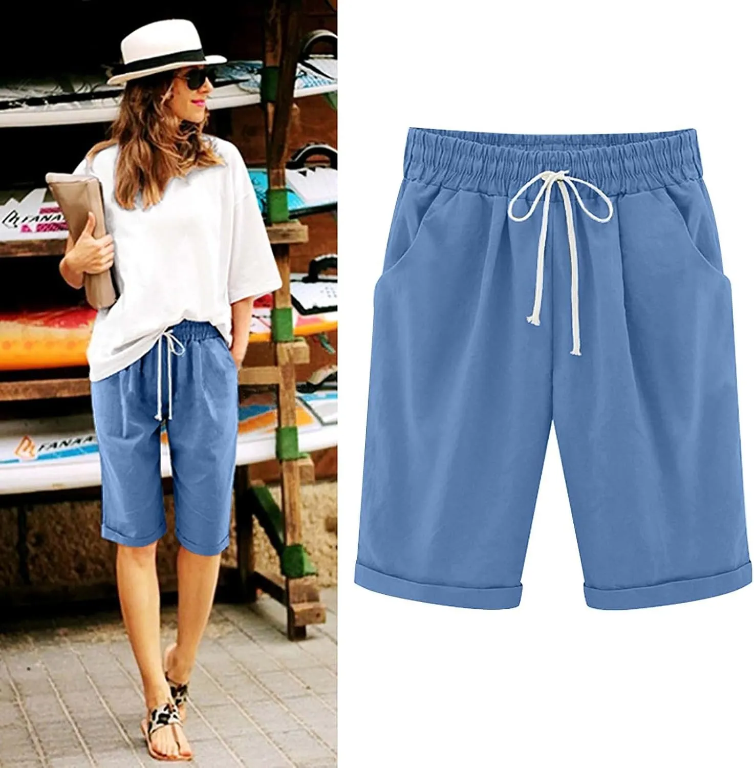 Womens Bermuda Shorts for Summer Knee Length Plus Size Shorts Elastic Waist Drawstring Linen Shorts with Pocket