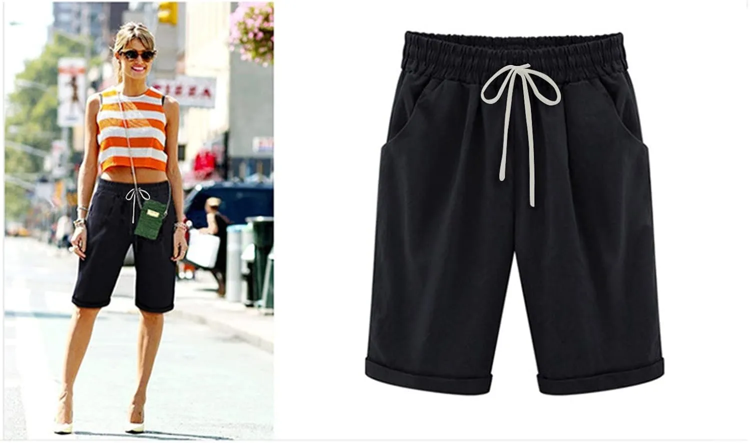 Womens Bermuda Shorts for Summer Knee Length Plus Size Shorts Elastic Waist Drawstring Linen Shorts with Pocket