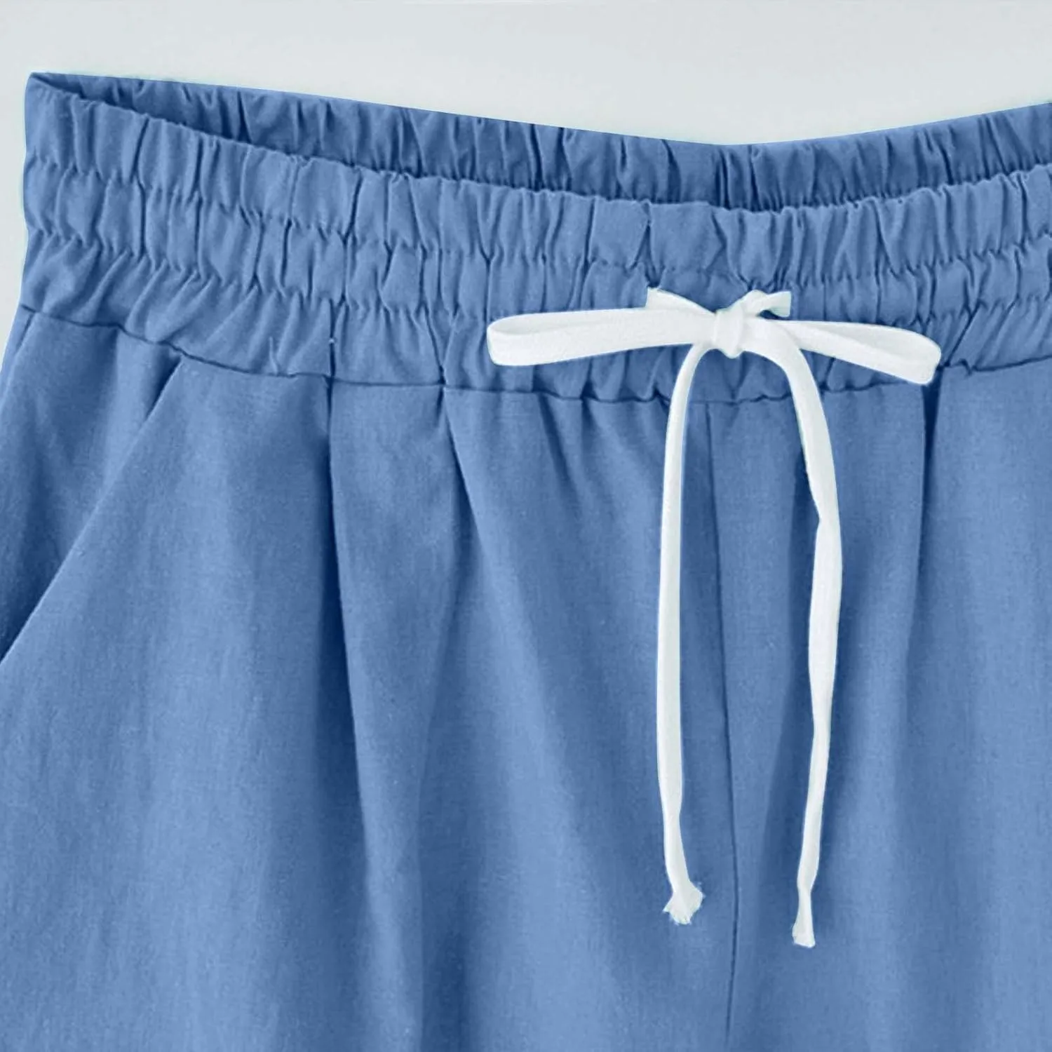 Womens Bermuda Shorts for Summer Knee Length Plus Size Shorts Elastic Waist Drawstring Linen Shorts with Pocket