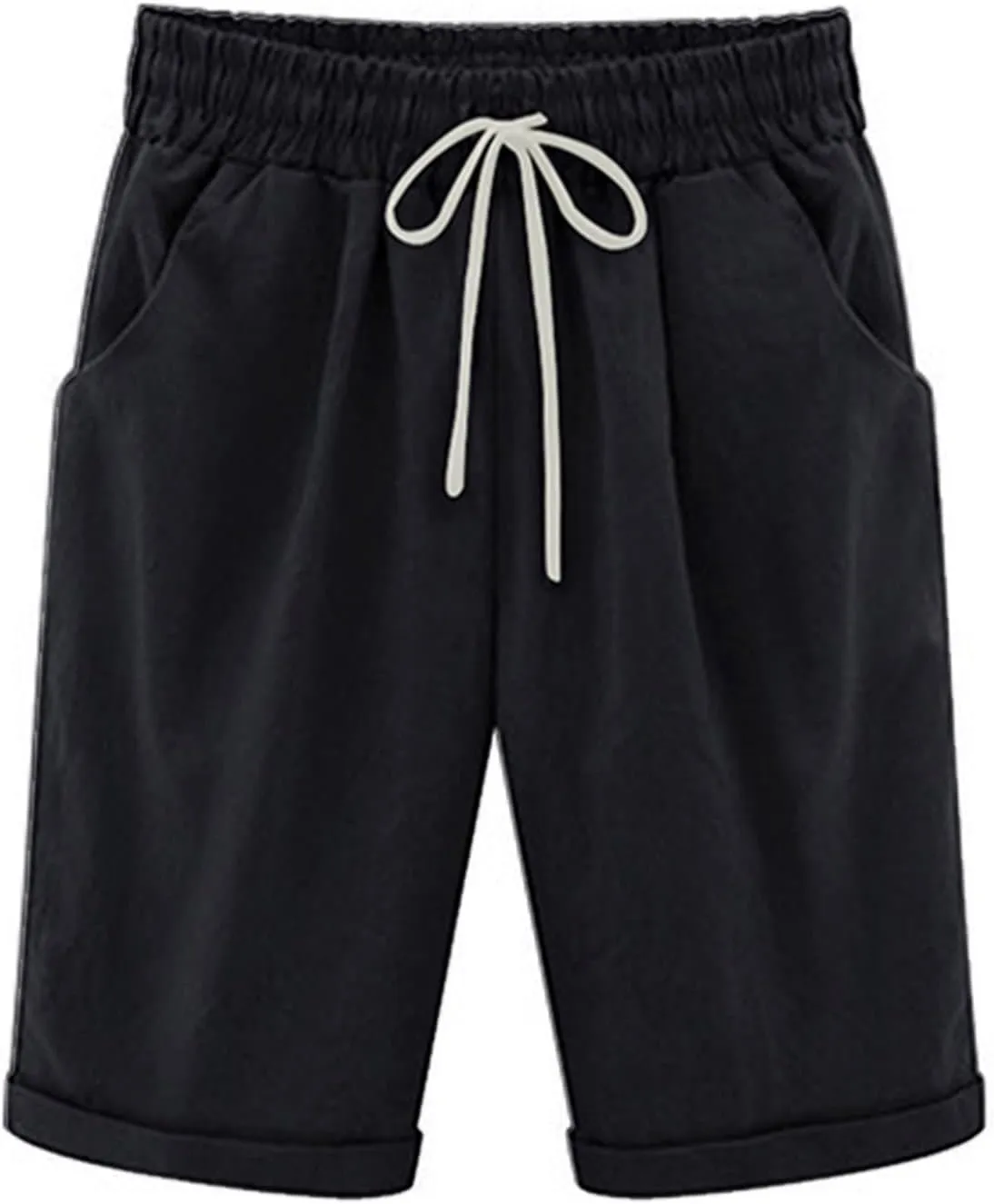 Womens Bermuda Shorts for Summer Knee Length Plus Size Shorts Elastic Waist Drawstring Linen Shorts with Pocket