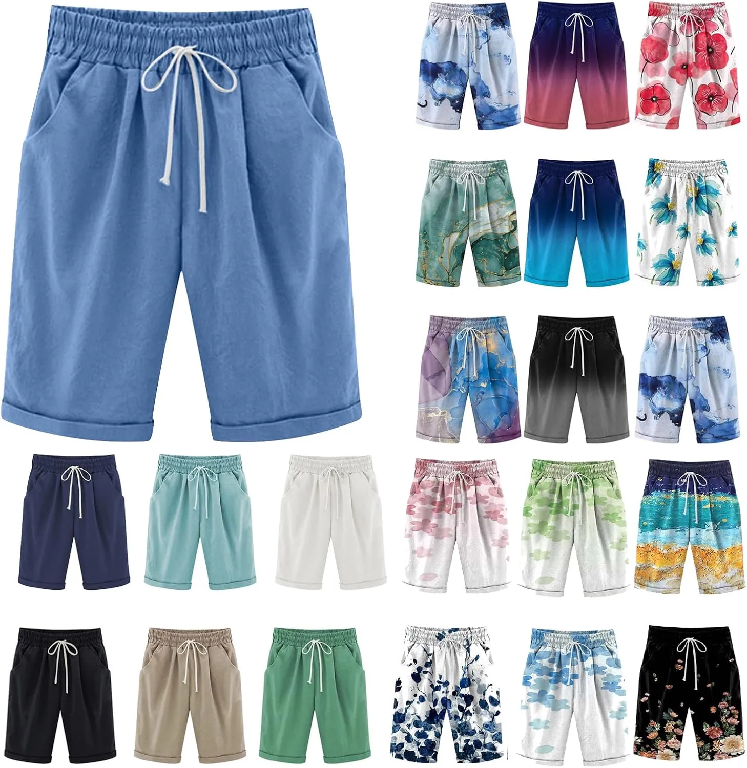 Womens Bermuda Shorts for Summer Knee Length Plus Size Shorts Elastic Waist Drawstring Linen Shorts with Pocket