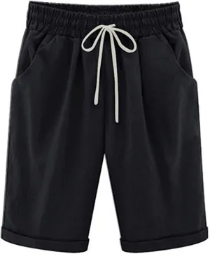 Womens Bermuda Shorts for Summer Knee Length Plus Size Shorts Elastic Waist Drawstring Linen Shorts with Pocket