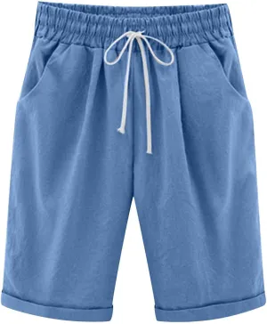 Womens Bermuda Shorts for Summer Knee Length Plus Size Shorts Elastic Waist Drawstring Linen Shorts with Pocket