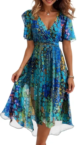 Womens Boho Floral Printed Summer Dresses 2025 Elegant V Neck Belted Summer Wedding Prom Cocktail Midi Dress