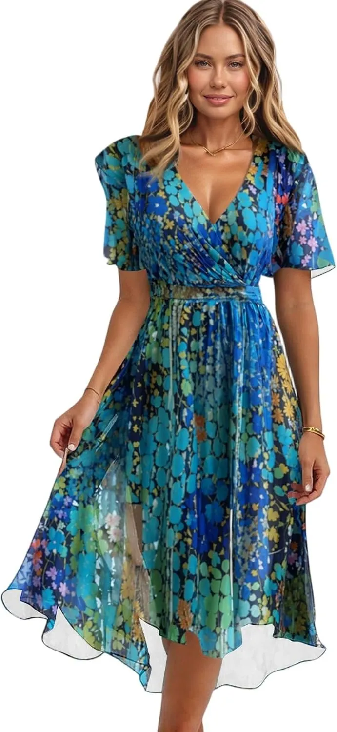 Womens Boho Floral Printed Summer Dresses 2025 Elegant V Neck Belted Summer Wedding Prom Cocktail Midi Dress