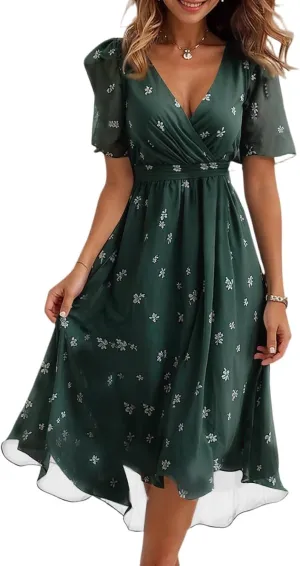 Womens Boho Floral Printed Summer Dresses 2025 Elegant V Neck Belted Summer Wedding Prom Cocktail Midi Dress
