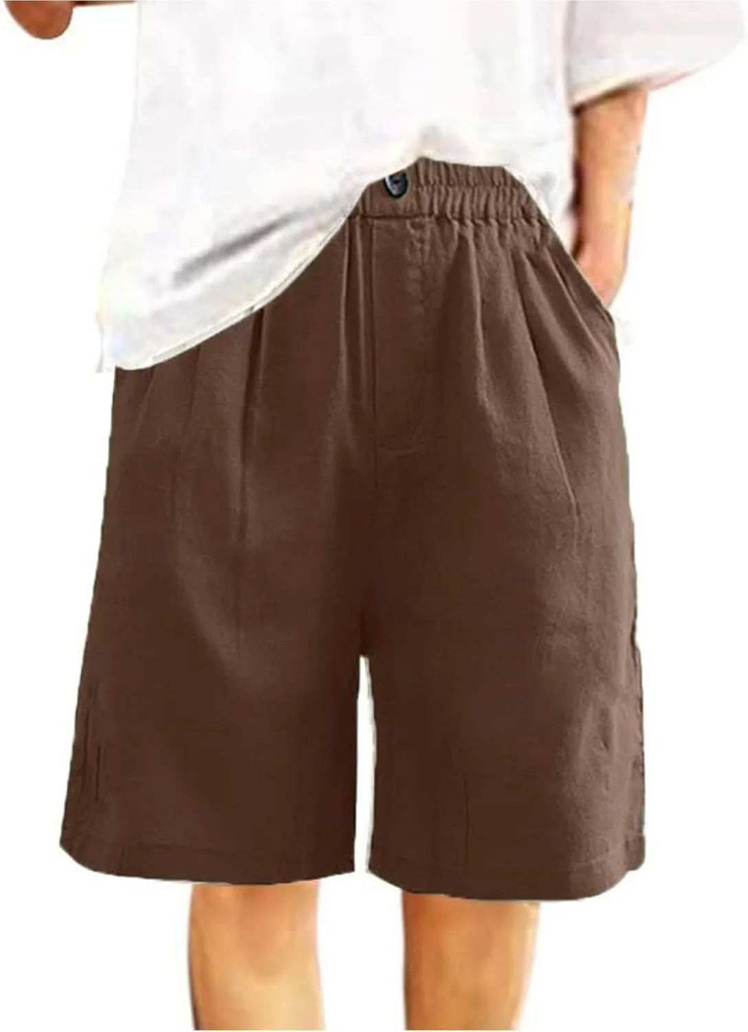 Women's Casual Cotton Linen Bermuda Shorts Elastic Waist Knee Length Shorts Summer Beach Shorts with Pockets