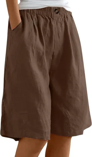 Women's Casual Cotton Linen Bermuda Shorts Elastic Waist Knee Length Shorts Summer Beach Shorts with Pockets