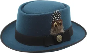 Womens Classic Flat Top British Style Fedora Hats Wide Brim Felt Boater Church Derby Hat Pork Pie Jazz Hats with Belt