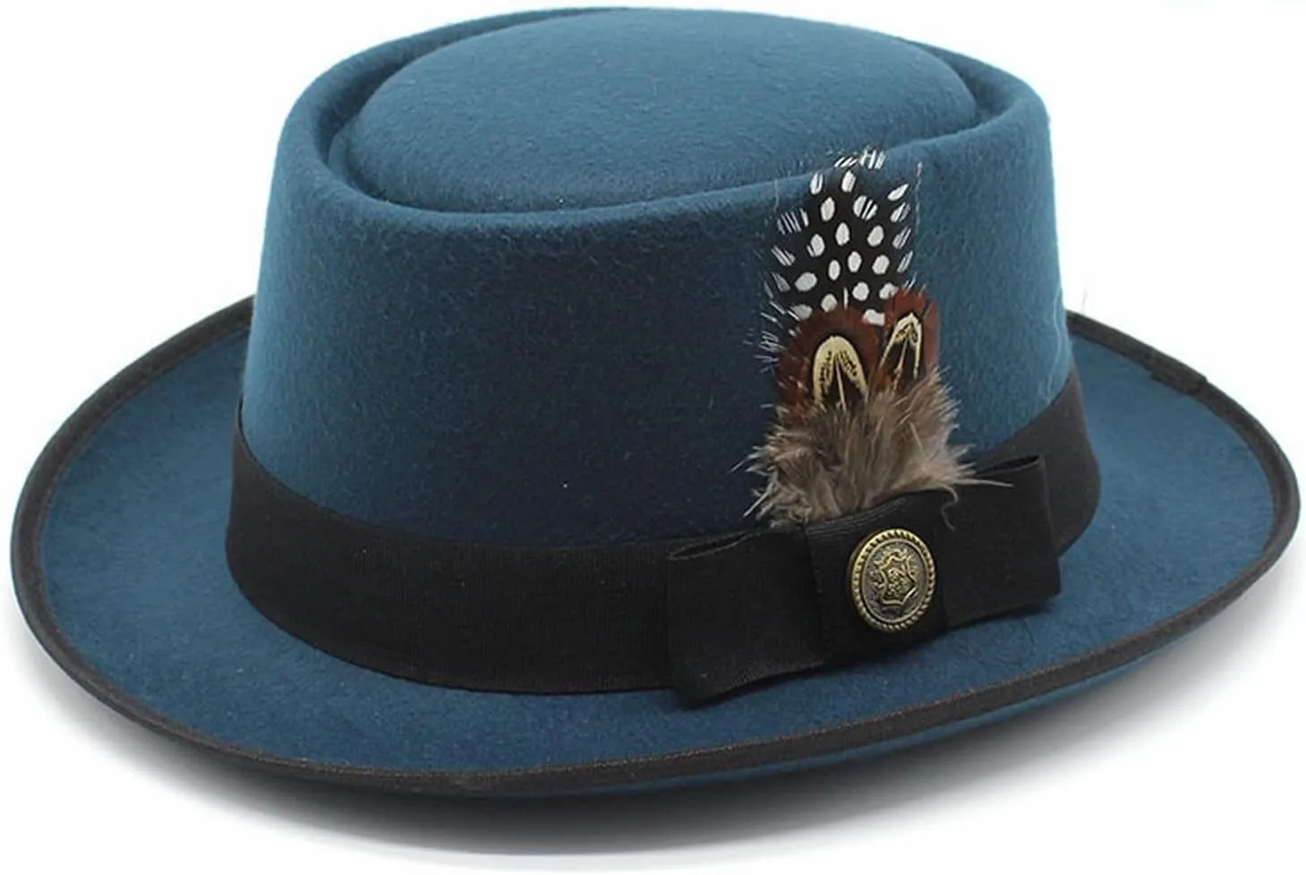 Womens Classic Flat Top British Style Fedora Hats Wide Brim Felt Boater Church Derby Hat Pork Pie Jazz Hats with Belt