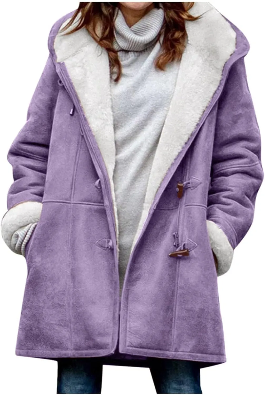Womens Coats Plus Size Winter 2024 Warm Sherpa Fleece Lined Distressed Jackets Hooded Parka Faux Suede Pea Coat Outerwear