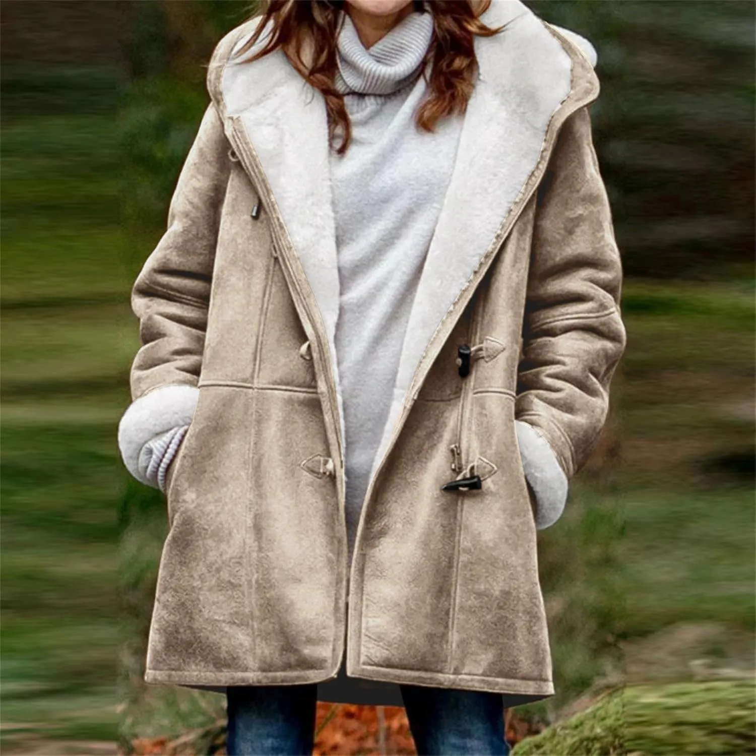 Womens Coats Plus Size Winter 2024 Warm Sherpa Fleece Lined Distressed Jackets Hooded Parka Faux Suede Pea Coat Outerwear