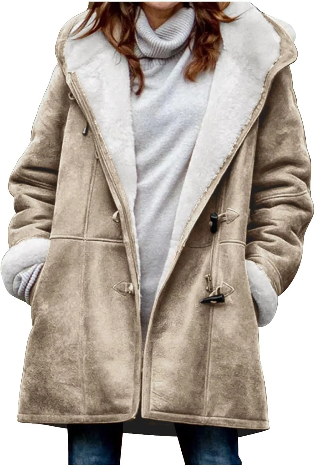 Womens Coats Plus Size Winter 2024 Warm Sherpa Fleece Lined Distressed Jackets Hooded Parka Faux Suede Pea Coat Outerwear