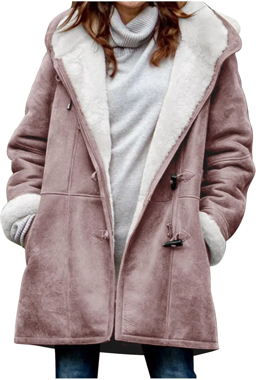 Womens Coats Plus Size Winter 2024 Warm Sherpa Fleece Lined Distressed Jackets Hooded Parka Faux Suede Pea Coat Outerwear